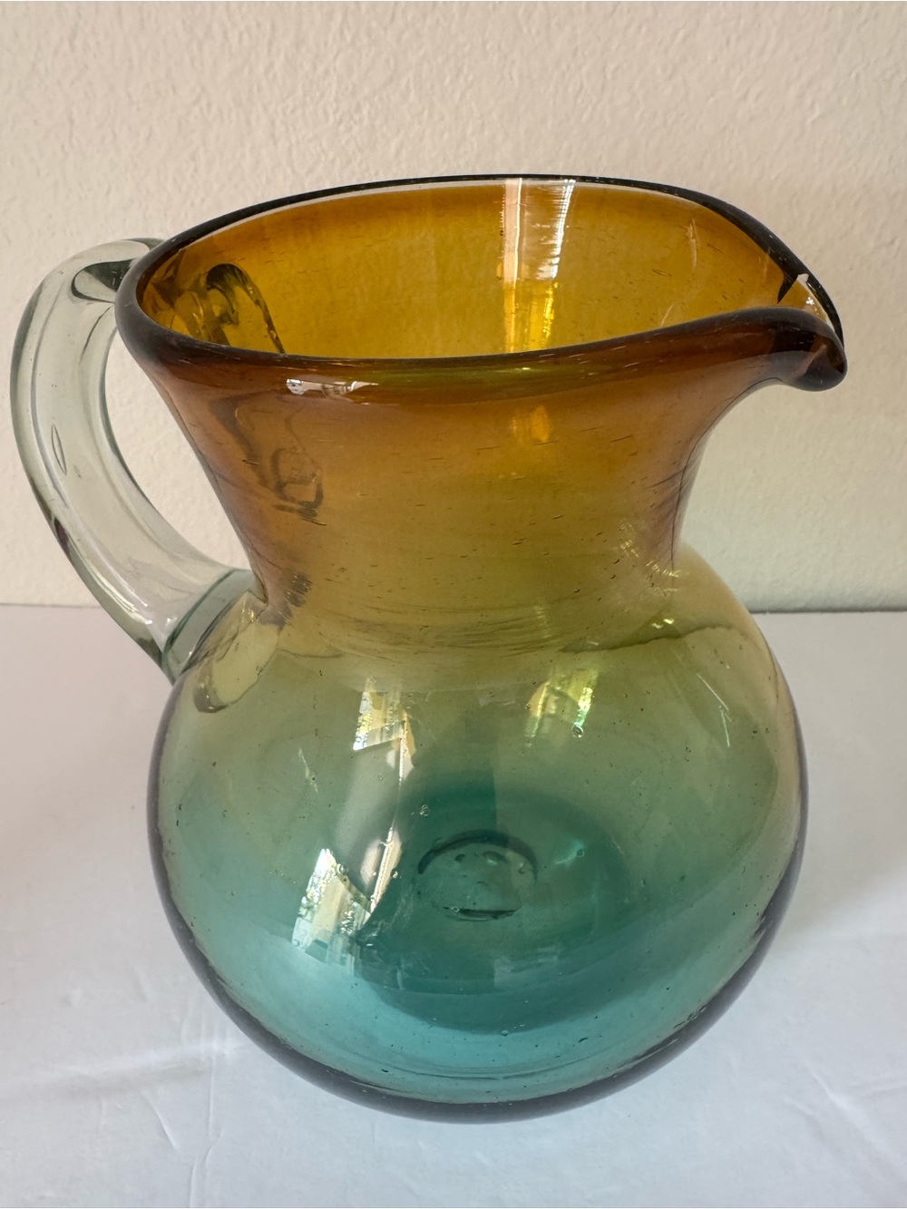 Vintage Hand Blown Amber to Teal Handblown Glass Pitcher